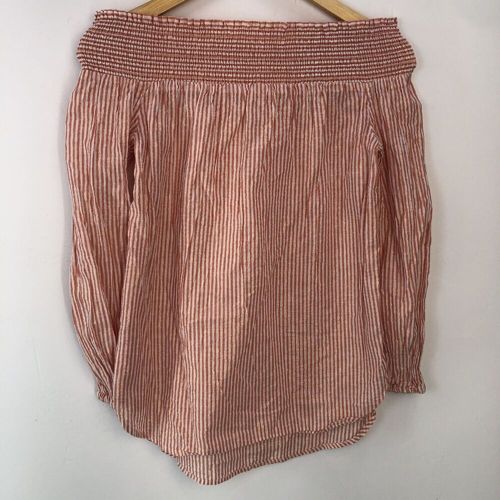 MICHAEL Kors Top XSMALL Cerise Pink White Candy Striped Off-Shoulder Designer - Picture 2 of 7